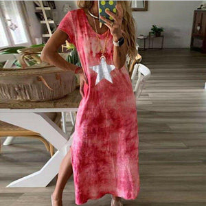 fashion women tie-dye long maxi loose dress ladies short sleeve v neck summer holiday party beach sundress
