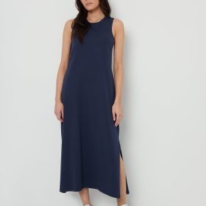 Women's Navy Sleeveless Jersey Midi Dress with Pockets