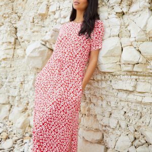 Women's Red Floral Ruched Waist Jersey Midi Dress with Pockets