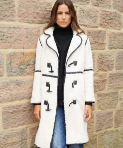 Women's Ecru Longline Fleece Borg Toggle Coat