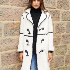 Women's Ecru Longline Fleece Borg Toggle Coat