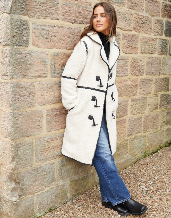Women's Ecru Longline Fleece Borg Toggle Coat - Image 3
