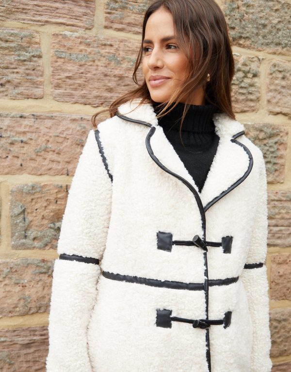 Women's Ecru Longline Fleece Borg Toggle Coat - Image 4