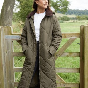Women's Khaki Diamond Quilted Heritage Longline Barn Jacket with Removable Hood