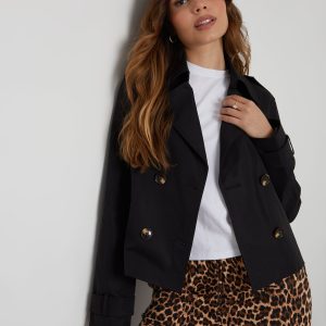 Women's Black Double Breasted Cropped Trench Coat