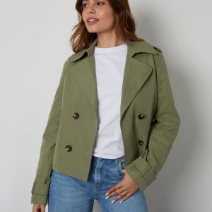 Women's Khaki Double Breasted Cropped Trench Coat