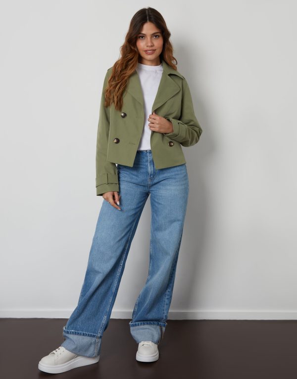 Women's Khaki Double Breasted Cropped Trench Coat - Image 3