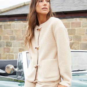 Women's Beige Fleece Borg Toggle Jacket
