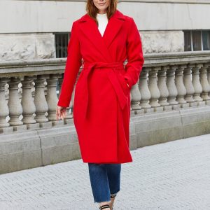 Women's Red Collared Belted Formal Coat
